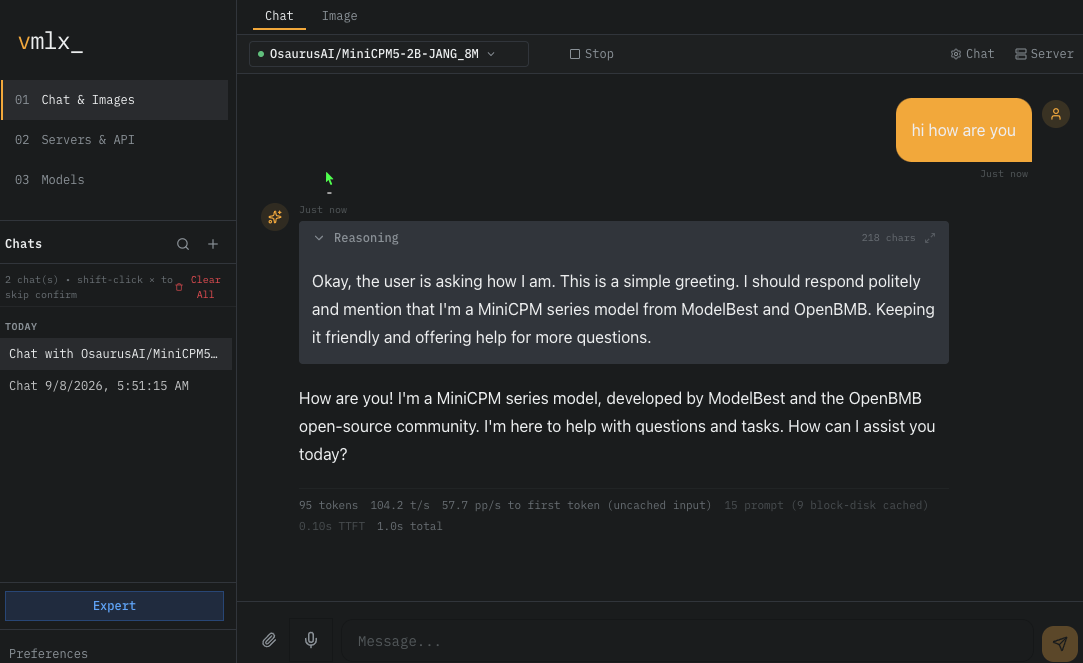 The vMLX console mid-reply: the reasoning block expanded, and a per-turn footer showing tokens, throughput, prompt rate, cache state and time to first token.
