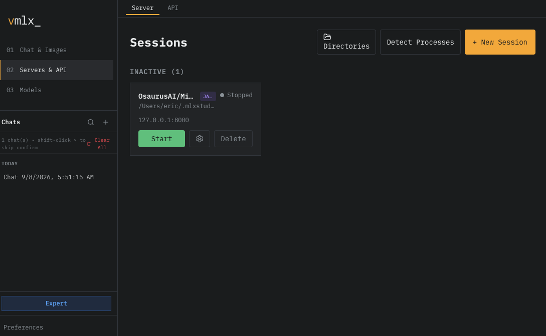 The session list. Each model server binds its own port and starts and stops on its own.
