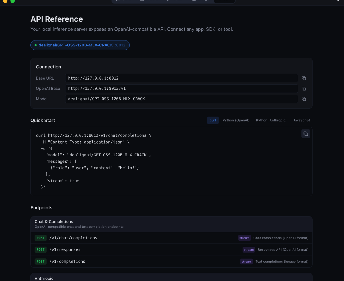 vMLX API Reference — Anthropic Messages API and OpenAI-compatible endpoints including chat completions, responses, embeddings, MCP, audio, and cancel