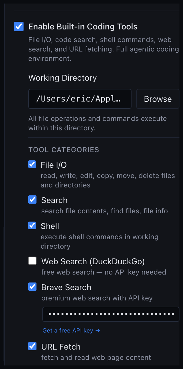 vMLX built-in agentic coding tools — File I/O, code search, shell commands, web search (DuckDuckGo and Brave), URL fetch, working directory