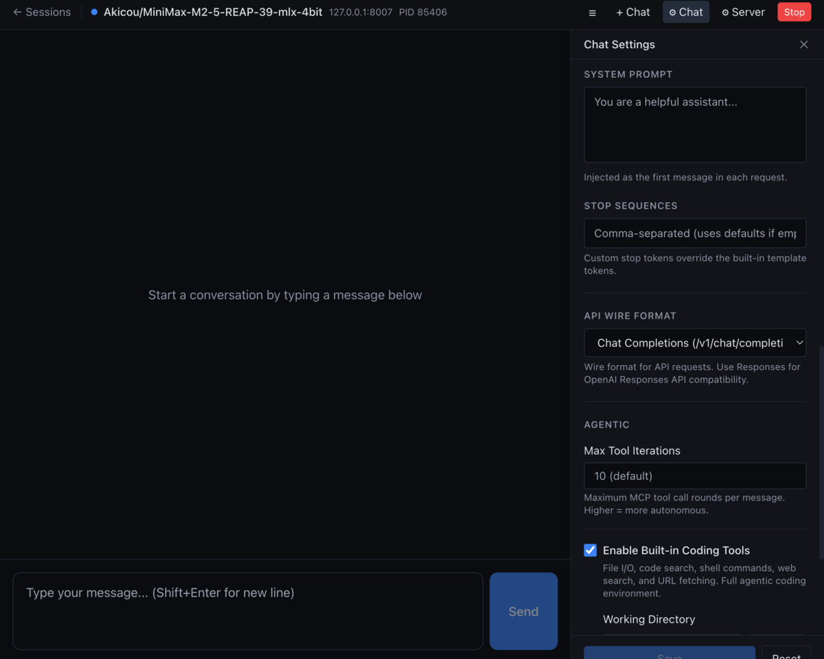 vMLX chat interface with API settings, system prompt, wire format, and agentic tool configuration