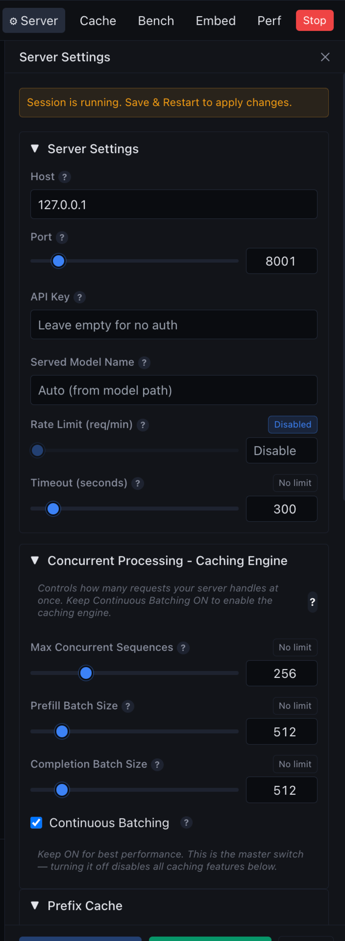 vMLX server configuration — host, port, API key, concurrent processing, continuous batching, prefix cache